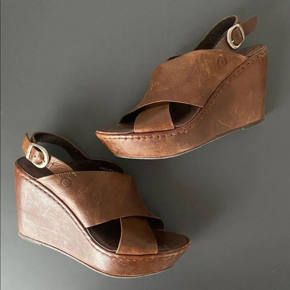 Born Chestnut Leather Wedge Sandals 36.5 (US 6) Boho Chic Coastal Urban Comfy